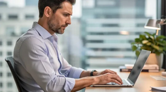 Professionnel français consultant des offres d'emploi expatriation sur ordinateur portable